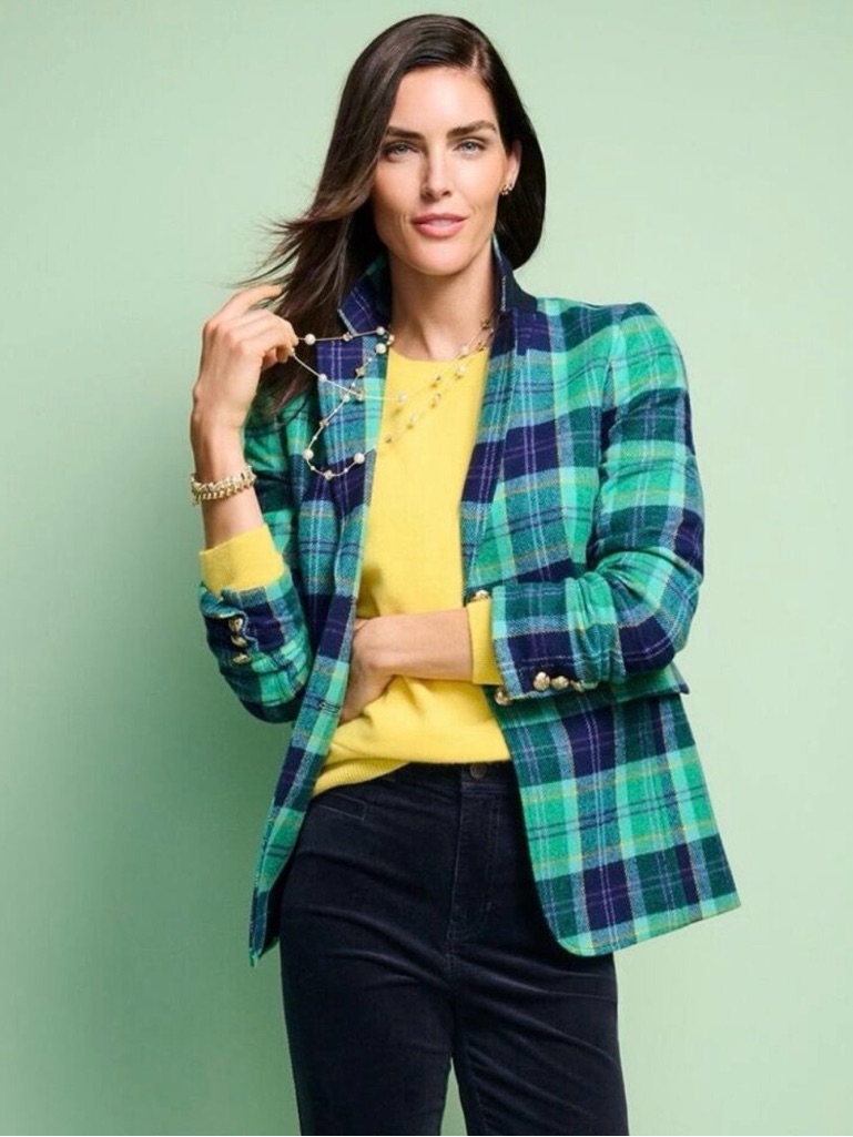 Talbots Green & Navy Plaid Tailored Blazer